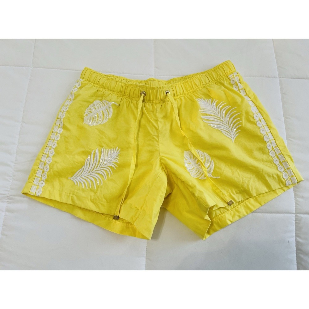 Lily Pulitzer Katia Sequin Leaf Embroidered Yellow Mini Shorts Beach‎ Drawstring